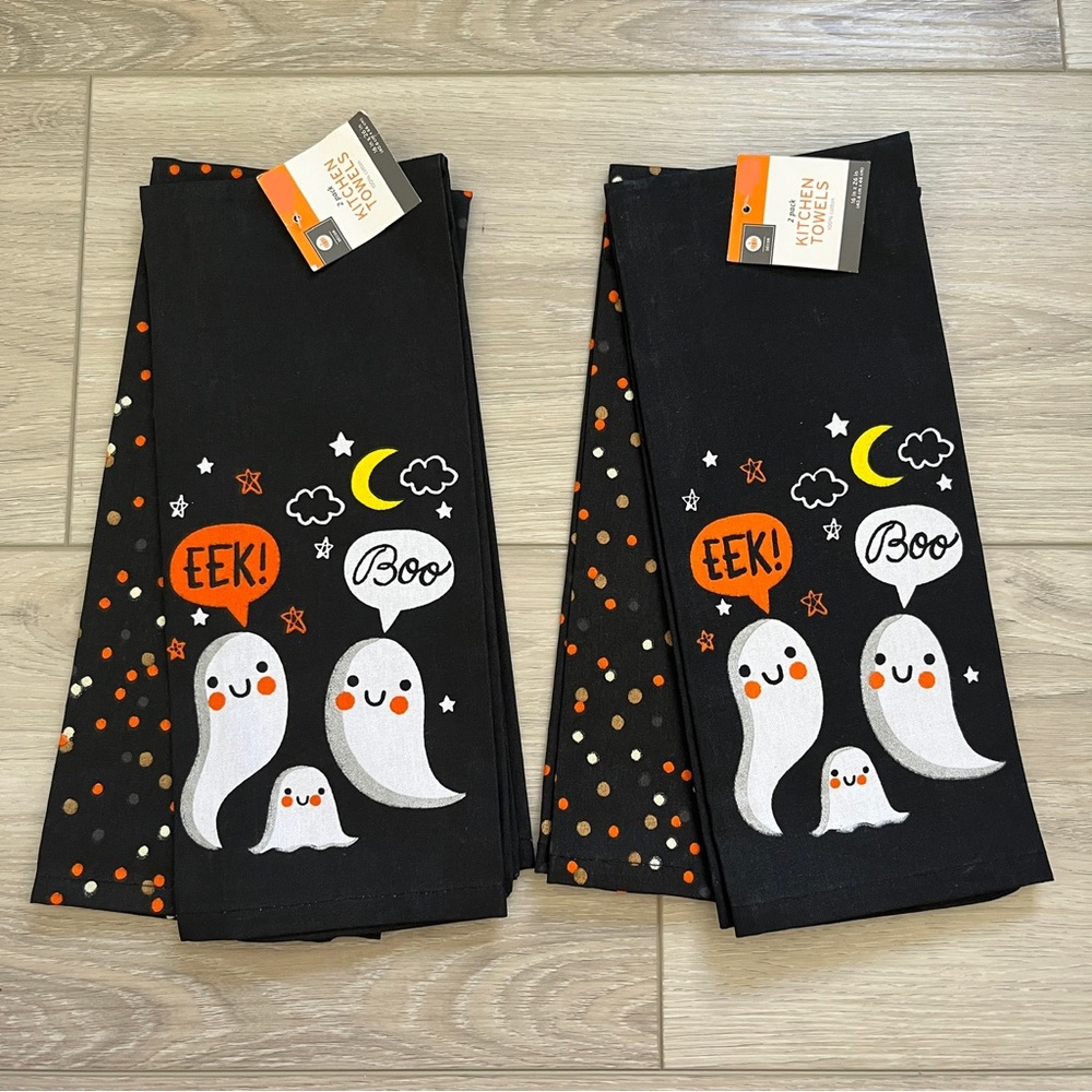 FOUR adorable and spooky Halloween kitchen towels (two sets of 2). NEW